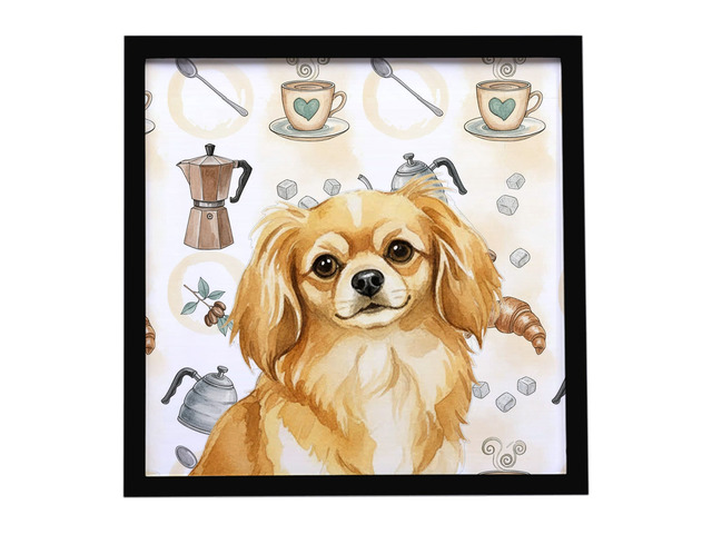 Gold Tibetan Spaniel Coffee Bar Framed Metal Print Bathroom, Kitchen, Office, Home Decor Wall Art Ready to Hang, Square, 8X8
