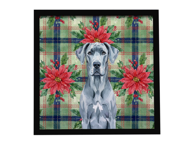 Blue Great Dane Christmas PoinsettIas Framed Metal Print Bathroom, Kitchen, Office, Home Decor Wall Art Ready to Hang, Square, 8X8