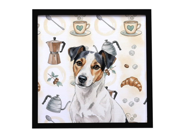 White with Black Markings Russell Terrier Coffee Bar Framed Metal Print Bathroom, Kitchen, Office, Home Decor Wall Art Ready to Hang, Square, 8X8