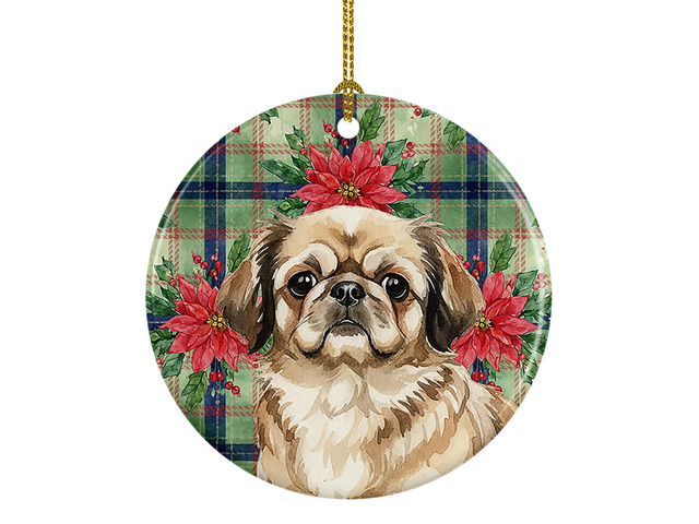 Sable Pekingese Christmas PoinsettIas Ceramic Ornament Christmas Tree Hanging Decorations for Home Christmas Holiday, Party, Gift, 3 in, Multicolor