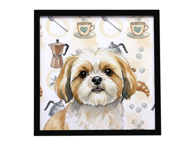 Gold and White Shih Tzu Coffee Bar Framed Metal Print Bathroom, Kitchen, Office, Home Decor Wall Art Ready to Hang, Square, 8X8