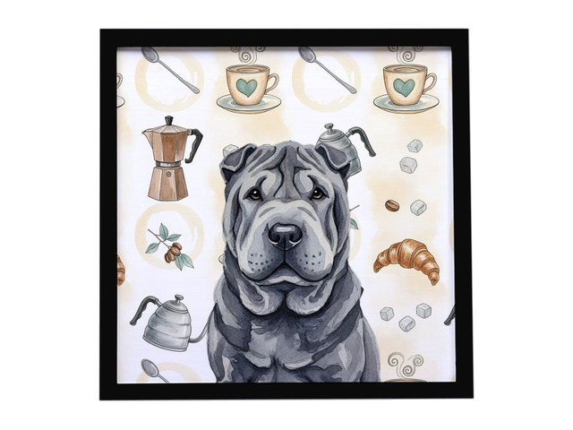 Black Shar Pei Coffee Bar Framed Metal Print Bathroom, Kitchen, Office, Home Decor Wall Art Ready to Hang, Square, 8X8