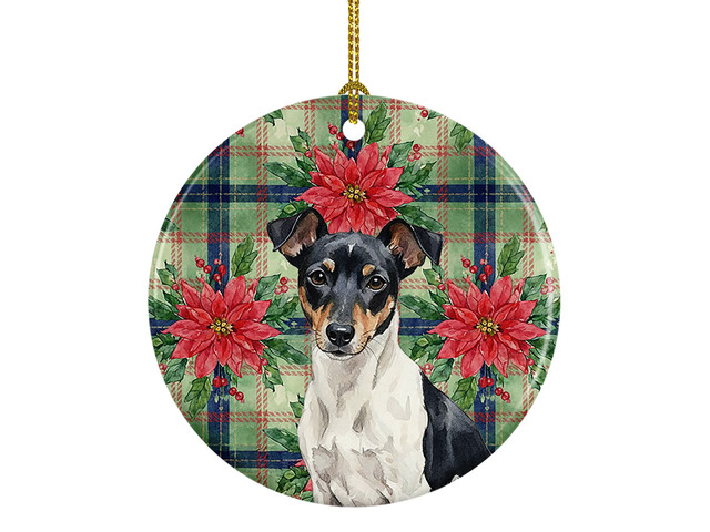 Black and White Rat Terrier Christmas PoinsettIas Ceramic Ornament Christmas Tree Hanging Decorations for Home Christmas Holiday, Party, Gift, 3...