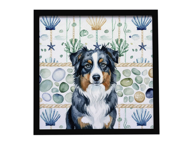 Black Australian Shepherd Coastal Sea Glass Framed Metal Print Bathroom, Kitchen, Office, Home Decor Wall Art Ready to Hang, Square, 8X8