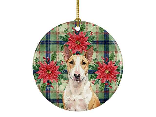 Fawn and White Bull Terrier Christmas PoinsettIas Ceramic Ornament Christmas Tree Hanging Decorations for Home Christmas Holiday, Party, Gift, 3...