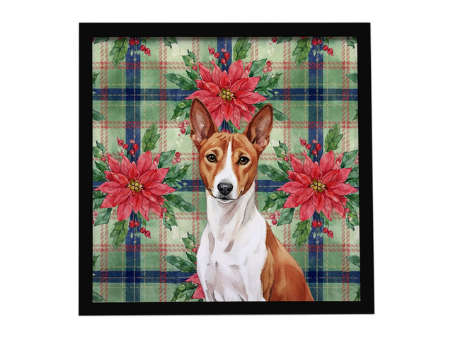 Red and White Basenji Christmas PoinsettIas Framed Metal Print Bathroom, Kitchen, Office, Home Decor Wall Art Ready to Hang, Square, 8X8