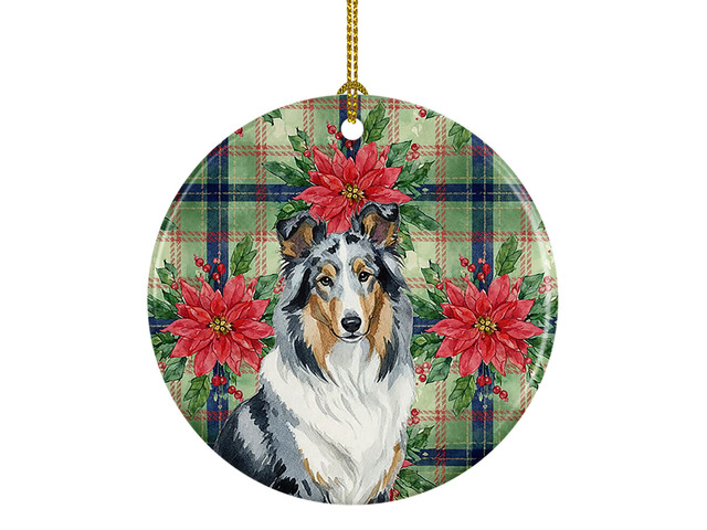 Blue Merle Collie Christmas PoinsettIas Ceramic Ornament Christmas Tree Hanging Decorations for Home Christmas Holiday, Party, Gift, 3 in, Multicolor