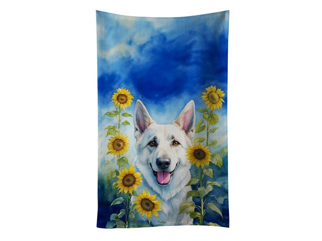 White German Shepherd in Sunflowers Kitchen Towel Dish Cloths Guest Hand Towel Decorative Bathroom Towel for Face,Tea, Dishcloth, Kitchen and Bath