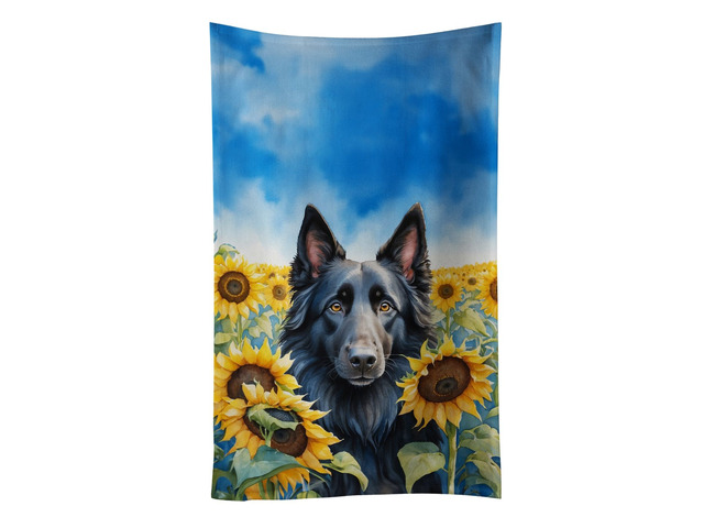 Belgian Sheepdog in Sunflowers Kitchen Towel Dish Cloths Guest Hand Towel Decorative Bathroom Towel for Face,Tea, Dishcloth, Kitchen and Bath