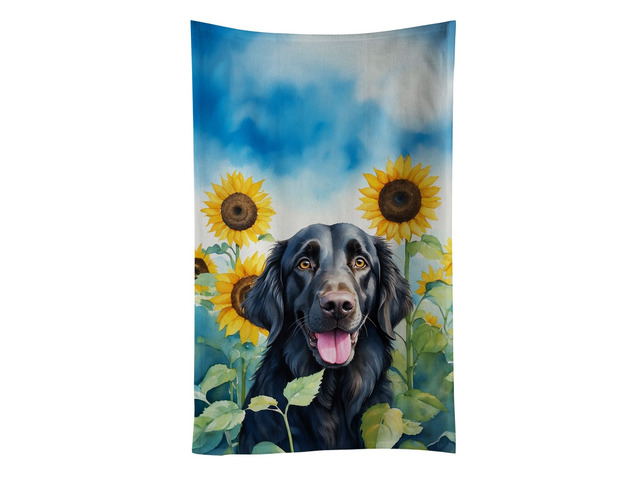 Flat-Coated Retriever in Sunflowers Kitchen Towel Dish Cloths Guest Hand Towel Decorative Bathroom Towel for Face,Tea, Dishcloth, Kitchen and Bath