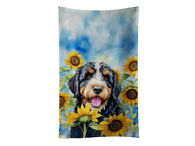 Bernedoodle in Sunflowers Kitchen Towel Dish Cloths Guest Hand Towel Decorative Bathroom Towel for Face,Tea, Dishcloth, Kitchen and Bath