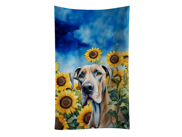 Great Dane in Sunflowers Kitchen Towel Dish Cloths Guest Hand Towel Decorative Bathroom Towel for Face,Tea, Dishcloth, Kitchen and Bath