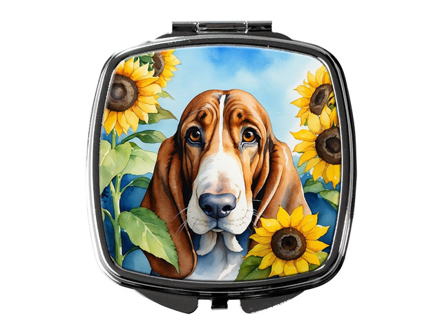 Basset Hound in Sunflowers Compact Mirror Decorative Travel Makeup Mirror for Women Girls Gifts Pocket Makeup Mirror Folding Handheld