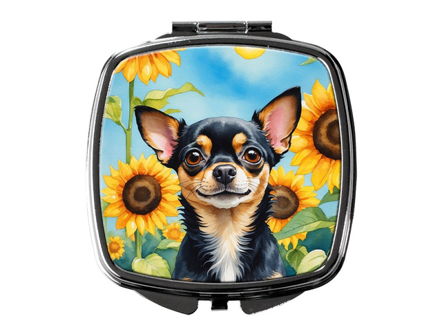 Chihuahua in Sunflowers Compact Mirror Decorative Travel Makeup Mirror for Women Girls Gifts Pocket Makeup Mirror Folding Handheld