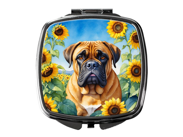 Bullmastiff in Sunflowers Compact Mirror Decorative Travel Makeup Mirror for Women Girls Gifts Pocket Makeup Mirror Folding Handheld