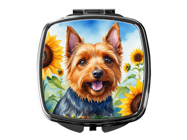 Australian Terrier in Sunflowers Compact Mirror Decorative Travel Makeup Mirror for Women Girls Gifts Pocket Makeup Mirror Folding Handheld