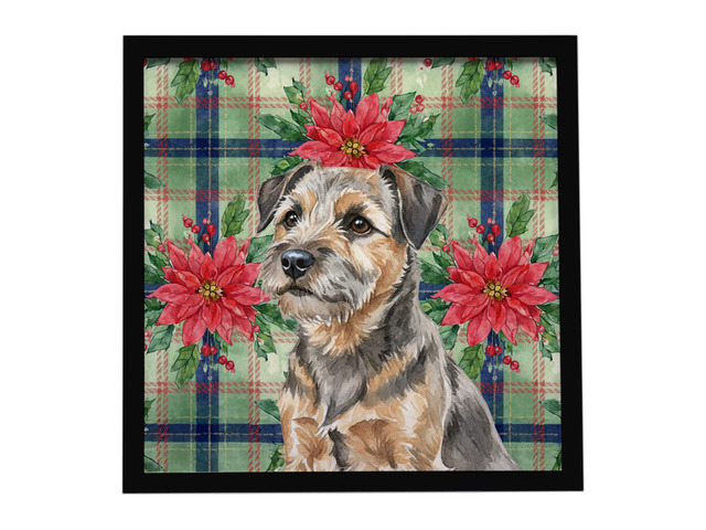 Grizzle and Tan Border Terrier Christmas PoinsettIas Framed Metal Print Bathroom, Kitchen, Office, Home Decor Wall Art Ready to Hang, Square, 8X8