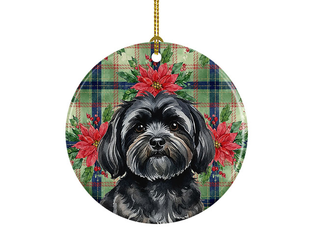 Black Lhasa Apso Christmas PoinsettIas Ceramic Ornament Christmas Tree Hanging Decorations for Home Christmas Holiday, Party, Gift, 3 in, Multicolor