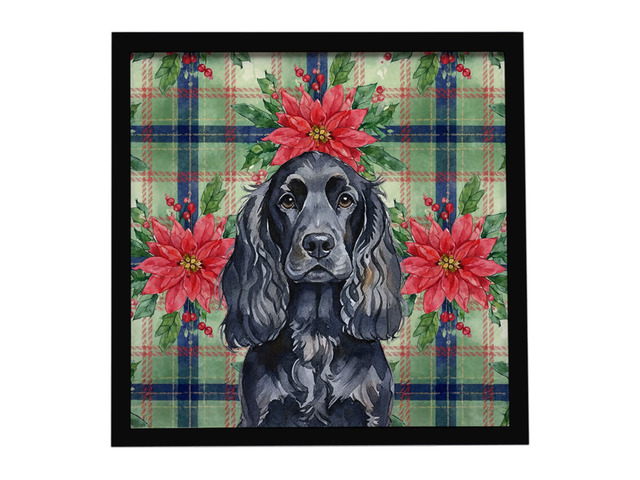Black English Cocker Spaniel Christmas PoinsettIas Framed Metal Print Bathroom, Kitchen, Office, Home Decor Wall Art Ready to Hang, Square, 8X8