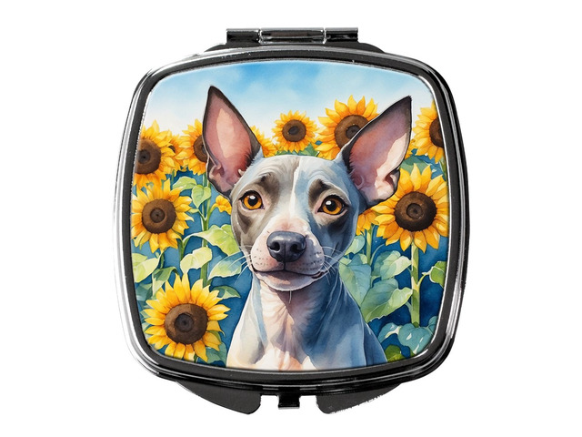 American Hairless Terrier in Sunflowers Compact Mirror Decorative Travel Makeup Mirror for Women Girls Gifts Pocket Makeup Mirror Folding Handheld
