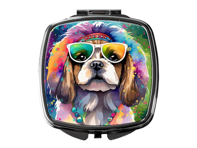 Shih Tzu Hippie Dawg Compact Mirror Decorative Travel Makeup Mirror for Women Girls Gifts Pocket Makeup Mirror Folding Handheld