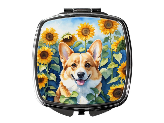 Corgi in Sunflowers Compact Mirror Decorative Travel Makeup Mirror for Women Girls Gifts Pocket Makeup Mirror Folding Handheld