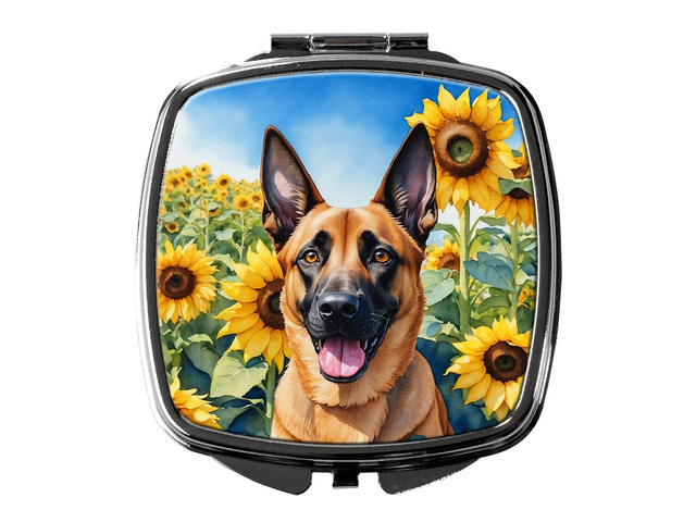 Belgian Malinois in Sunflowers Compact Mirror Decorative Travel Makeup Mirror for Women Girls Gifts Pocket Makeup Mirror Folding Handheld
