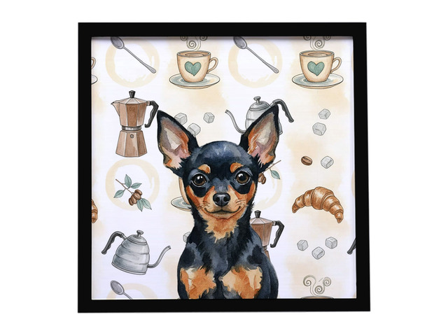 Black and Tan Russian Toy Coffee Bar Framed Metal Print Bathroom, Kitchen, Office, Home Decor Wall Art Ready to Hang, Square, 8X8