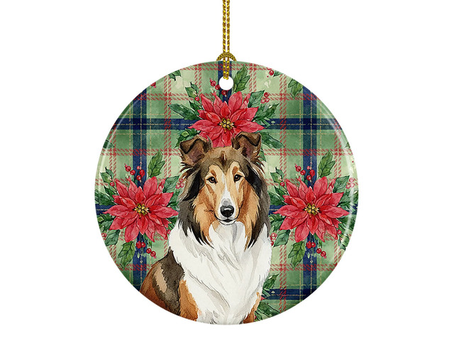 Sable Collie Christmas PoinsettIas Ceramic Ornament Christmas Tree Hanging Decorations for Home Christmas Holiday, Party, Gift, 3 in, Multicolor