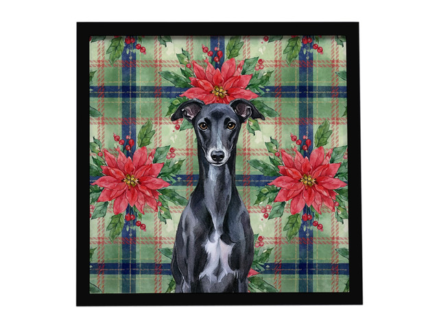 Black Whippet Christmas PoinsettIas Framed Metal Print Bathroom, Kitchen, Office, Home Decor Wall Art Ready to Hang, Square, 8X8
