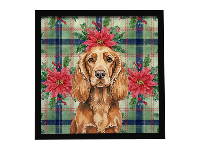 Sussex Spaniel Christmas PoinsettIas Framed Metal Print Bathroom, Kitchen, Office, Home Decor Wall Art Ready to Hang, Square, 8X8