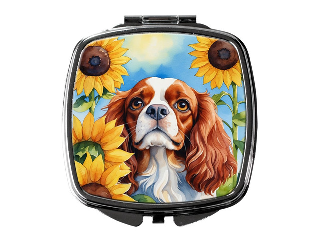Cavalier Spaniel in Sunflowers Compact Mirror Decorative Travel Makeup Mirror for Women Girls Gifts Pocket Makeup Mirror Folding Handheld