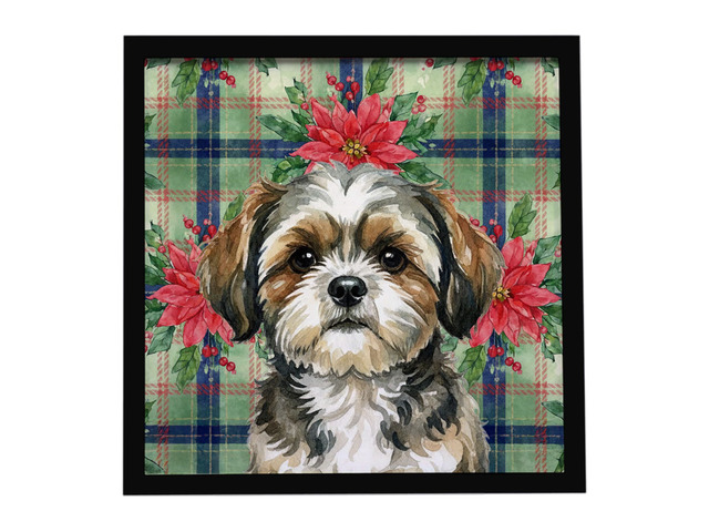 Brindle Shih Tzu Christmas PoinsettIas Framed Metal Print Bathroom, Kitchen, Office, Home Decor Wall Art Ready to Hang, Square, 8X8