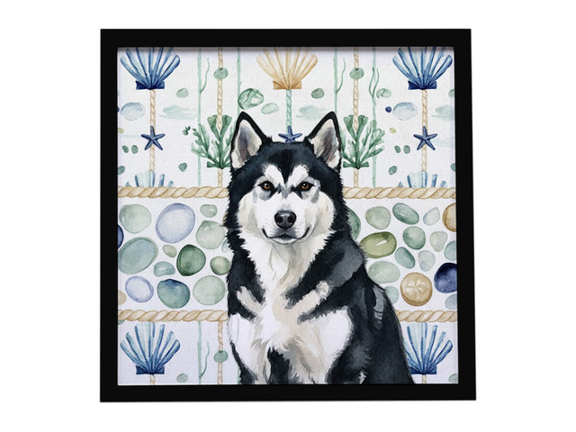 Black and White Alaskan Malamute Coastal Sea Glass Framed Metal Print Bathroom, Kitchen, Office, Home Decor Wall Art Ready to Hang, Square, 8X8