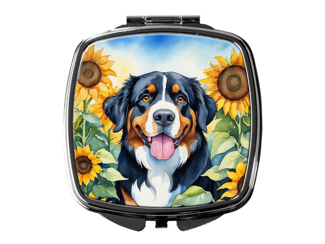 Bernese Mountain Dog in Sunflowers Compact Mirror Decorative Travel Makeup Mirror for Women Girls Gifts Pocket Makeup Mirror Folding Handheld