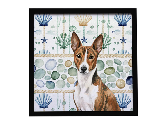 Brindle and White Basenji Coastal Sea Glass Framed Metal Print Bathroom, Kitchen, Office, Home Decor Wall Art Ready to Hang, Square, 8X8