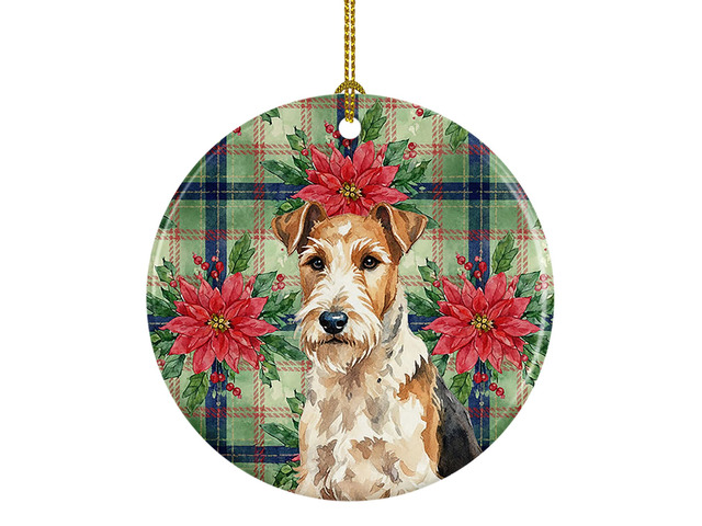 Wire Fox Terrier Christmas PoinsettIas Ceramic Ornament Christmas Tree Hanging Decorations for Home Christmas Holiday, Party, Gift, 3 in, Multicolor