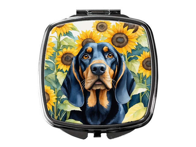 Black and Tan Coonhound in Sunflowers Compact Mirror Decorative Travel Makeup Mirror for Women Girls Gifts Pocket Makeup Mirror Folding Handheld