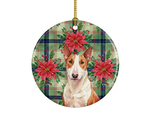 Red and White Bull Terrier Christmas PoinsettIas Ceramic Ornament Christmas Tree Hanging Decorations for Home Christmas Holiday, Party, Gift, 3 in,...