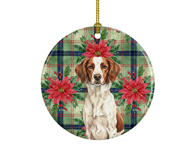 Liver and White Brittany Christmas PoinsettIas Ceramic Ornament Christmas Tree Hanging Decorations for Home Christmas Holiday, Party, Gift, 3 in,...