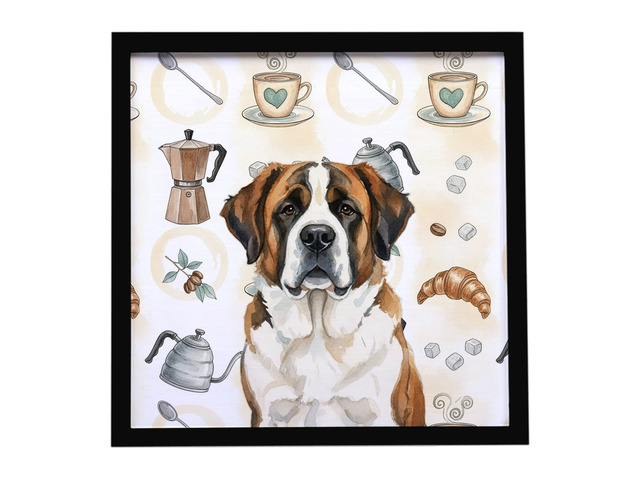 Brindle and White Saint Bernard Coffee Bar Framed Metal Print Bathroom, Kitchen, Office, Home Decor Wall Art Ready to Hang, Square, 8X8