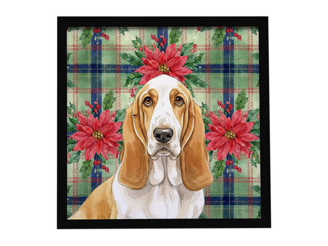 Lemon and White Basset Hound Christmas PoinsettIas Framed Metal Print Bathroom, Kitchen, Office, Home Decor Wall Art Ready to Hang, Square, 8X8