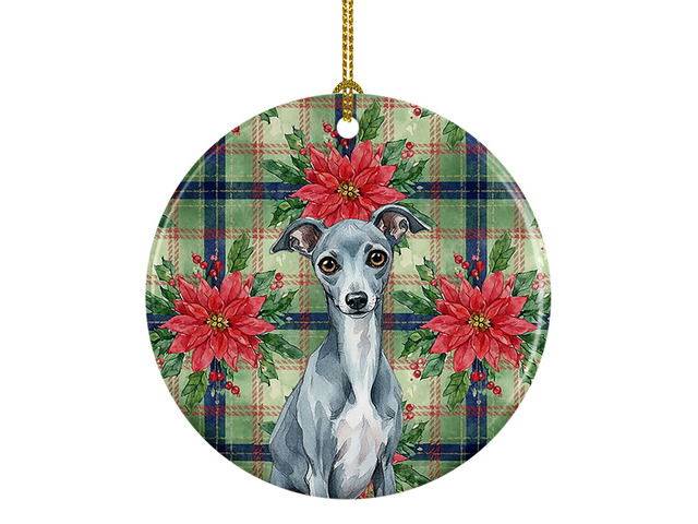 Blue Italian Greyhound Christmas PoinsettIas Ceramic Ornament Christmas Tree Hanging Decorations for Home Christmas Holiday, Party, Gift, 3 in,...