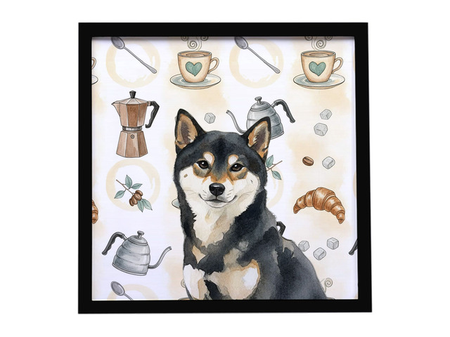 Black and Tan Shiba Inu Coffee Bar Framed Metal Print Bathroom, Kitchen, Office, Home Decor Wall Art Ready to Hang, Square, 8X8
