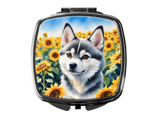 Alaskan Klee Kai in Sunflowers Compact Mirror Decorative Travel Makeup Mirror for Women Girls Gifts Pocket Makeup Mirror Folding Handheld