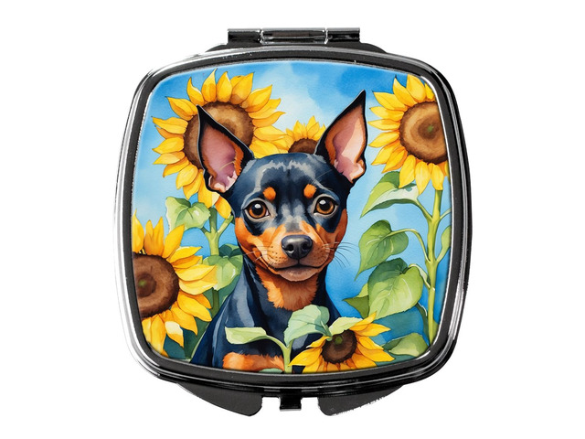 Miniature Pinscher in Sunflowers Compact Mirror Decorative Travel Makeup Mirror for Women Girls Gifts Pocket Makeup Mirror Folding Handheld