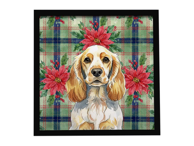 Lemon Roan English Cocker Spaniel Christmas PoinsettIas Framed Metal Print Bathroom, Kitchen, Office, Home Decor Wall Art Ready to Hang, Square, 8X8