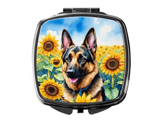 German Shepherd in Sunflowers Compact Mirror Decorative Travel Makeup Mirror for Women Girls Gifts Pocket Makeup Mirror Folding Handheld