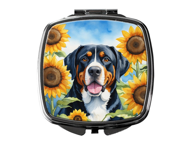 Greater Swiss Mountain Dog in Sunflowers Compact Mirror Decorative Travel Makeup Mirror for Women Girls Gifts Pocket Makeup Mirror Folding Handheld