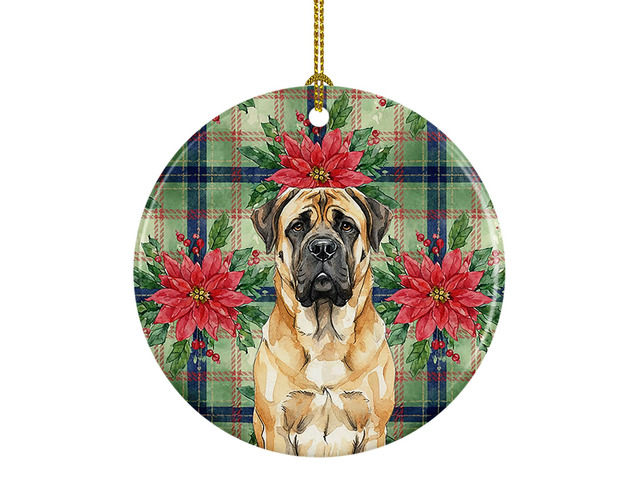Fawn Mastiff Christmas PoinsettIas Ceramic Ornament Christmas Tree Hanging Decorations for Home Christmas Holiday, Party, Gift, 3 in, Multicolor